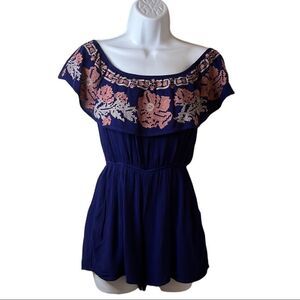 Blue Rain romper navy blue pink embroidery cape like top elastic waist size XS